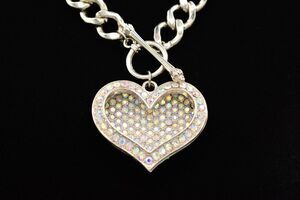 Chunky Heart Chain Pendant Necklace Aurora Borealis Crystal Valentine's Bin1D